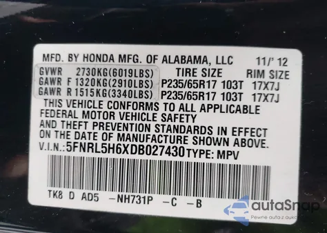2013 Honda Odyssey Ex-L z USA, uszkodzony, nr VIN 5FNRL5H6XDB027430